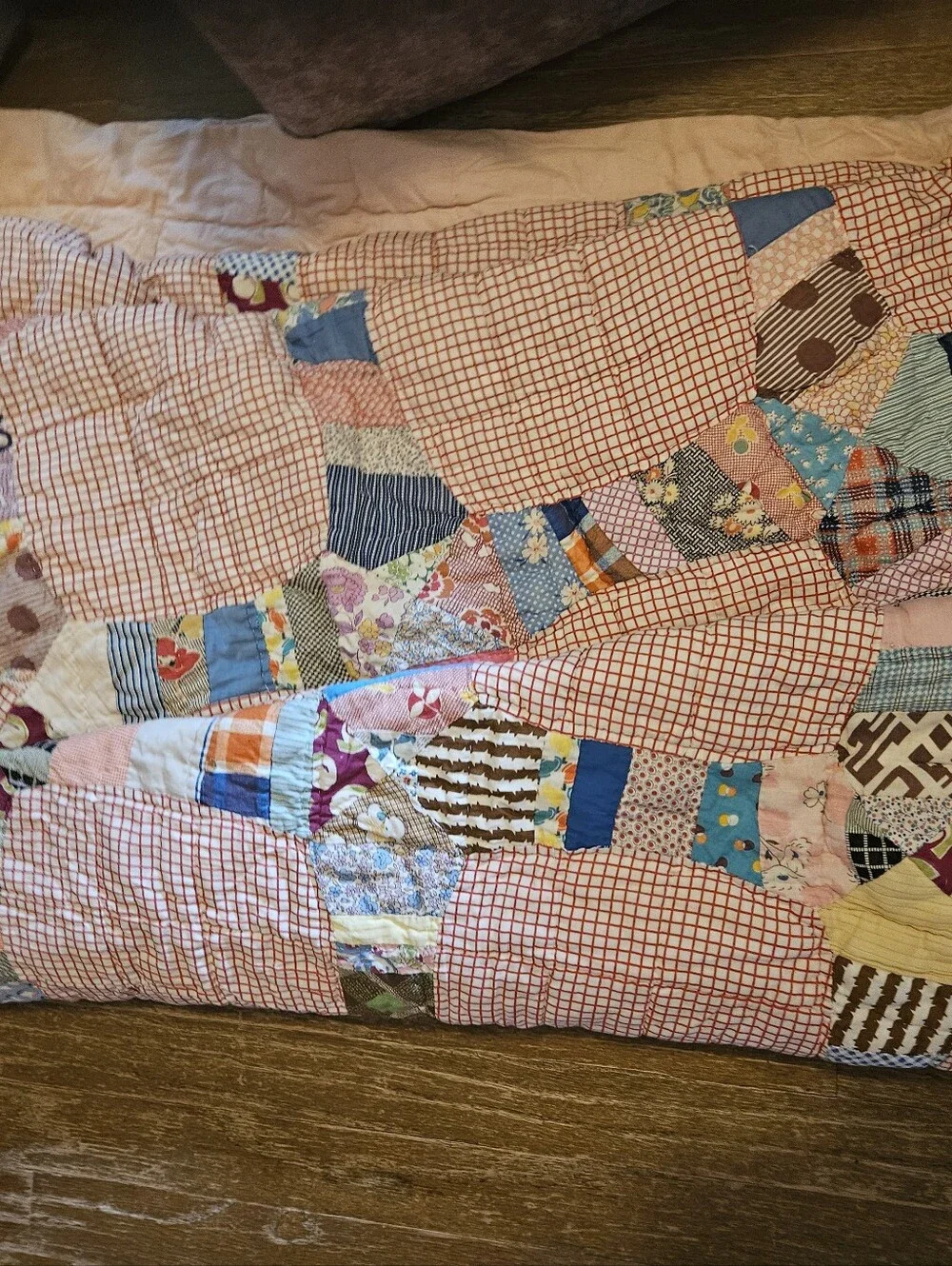 30s Depression Era Handmade Pink Patchwork Quilt - Multi-Color Accent